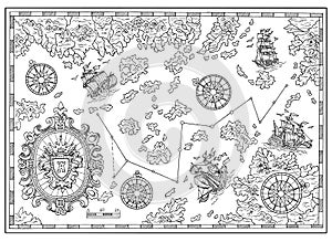 Black and white pirate treasure map with nautical decorative elements