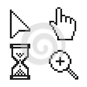 Black and white pixel arrow, hand, magnifier and hourglass pixel mouse cursor icons vector illustration.