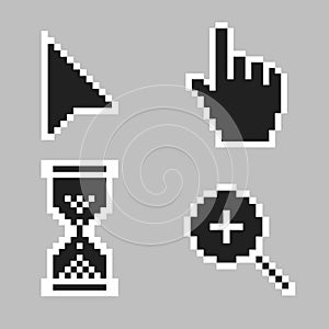 Black and white arrow, hand, magnifier and hourglass pixel mouse cursor icons vector illustration set