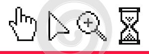 Black and white pixel arrow, hand, magnifier and hourglass pixel mouse cursor icons vector illustration.