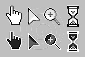 Black and white arrow, hand, magnifier and hourglass pixel mouse cursor icons vector illustration set
