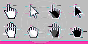 Black and white pixel glitch mouse hand and arrow cursor icon sign set