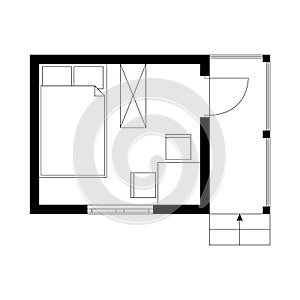 Black and white plan of tiny garden house with one room and veranda