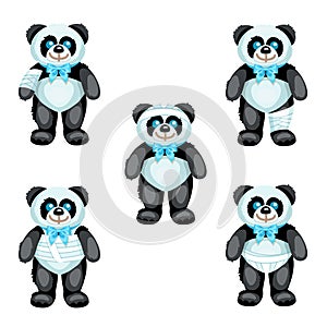 Black and white plush panda with bandages around the different parts of its body photo