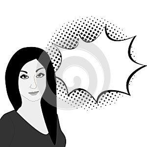 Black and white Pop art woman portrait with speech bubble and halftone shadow