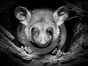 Black and White Portrait of an Australian Brushtail Possum in a tree