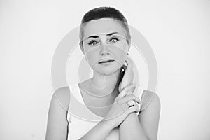 Black and white portrait of authentic short-haired girl