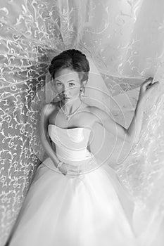 Black and white portrait of a Beautiful Bride Close up glowing from the sun light
