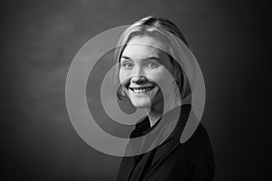 Black and white portrait of a beautiful smiling woman on a dark background