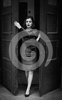 Black and white portrait of beautiful young brunette woman