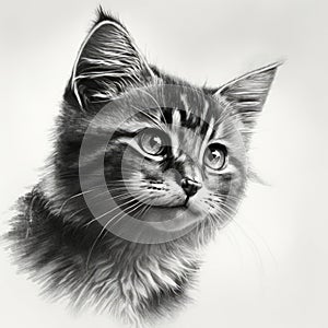 Black and white portrait of a cat painted with charcoal