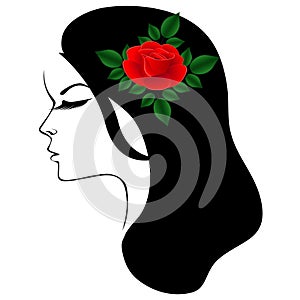 Black and white portrait of a girl in profile with a red rose in her hair.