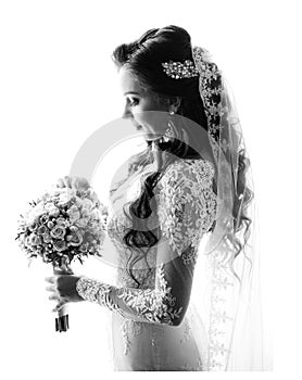 Black and white portrait of gracious bride