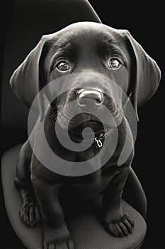 Black and White Portrait Illustration of Cute Black Dog