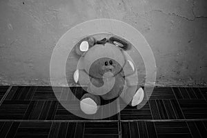 Black And White Portrait Of An Isolated Fluffy Toy Teddy Bear