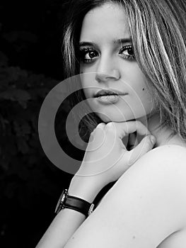 Black and white Portrait of model that lood at camera