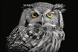 Black and white portrait owl with big yellow eyes.