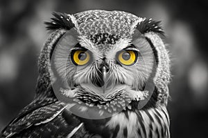 Black and white portrait owl with big yellow eyes.