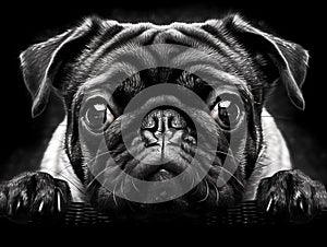 Black and White portrait of a pug dog looking straight at camera
