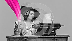 Black and white portrait of retro woman typing letter on retro typewriter with bright drawings. Contemporary art collage
