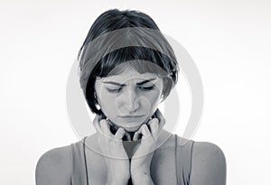 Black and white portrait of sad and depressed woman feeling distressful. Human expressions