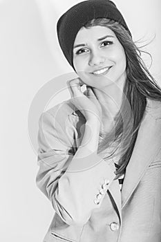 Black And White Portrait of Sensual Smiling Caucasian Girl Looking Curiously at Viewer