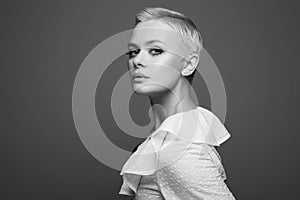 black and white portrait of Short Hair Beautiful young woman