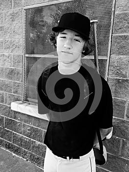 Black and white Portrait of teen baseball player