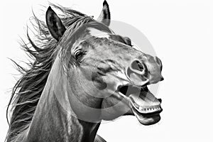 black white portrait of young laughing horse isolated on white background