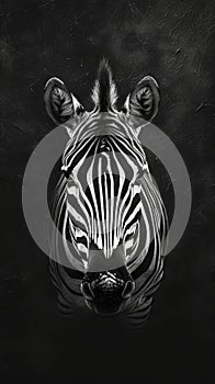 Black and white portrait of a zebra's head with a stark contrast against
