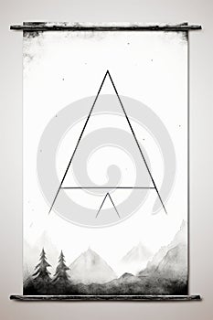 a black and white poster with a triangle in the middle and mountains in the background