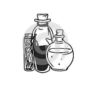 Black and white potion jars with magic liquids. Old corked bottles and vial of poison, elixir, mixtures and herbal