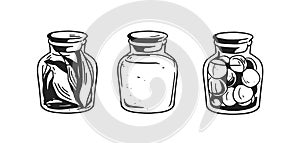 Black and white potion jars with magic liquids and substances. Set of three corked bottles of poison or elixir, herbs