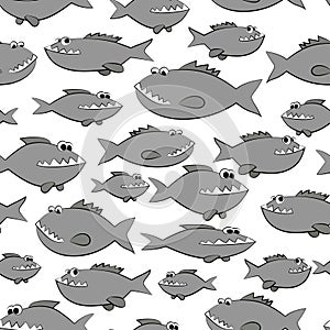 black and white predatory fishes - piranhas, seamless pattern. Vector