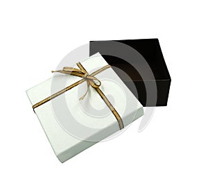 Black and white present gift open box isolated on white background with clipping path single present for birthday and christmas ne