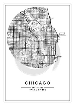 Black and white printable Chicago city map, poster design.