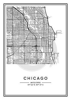 Black and white printable Chicago city map, poster design.