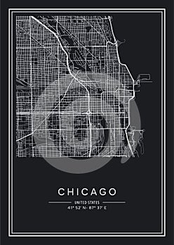 Black and white printable Chicago city map, poster design.