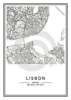 Black and white printable Lisbon city map, poster design.