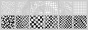 Black and White Psychedelic Checkerboard Seamless Patterns Set. Retro Groovy Grid Background in 1970s Style. Y2K Texture