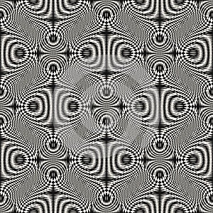 Black and white psychedelic vector seamless pattern with optical illusion effect