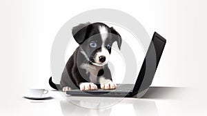 Black And White Puppy With Bright Blue Eyes In Front Of Laptop