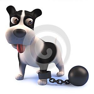 Black and white puppy dog in 3d punished with a ball and chain