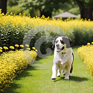 Black and White Puppy Enjoying a Walk in the Garden Surrounded by Yellow Flowers