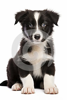 Black and white puppy sitting down with its paws crossed and eyes wide open. Generative AI