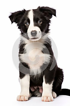 Black and white puppy sitting down with white background and black and white border. Generative AI