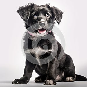 Black and white puppy is sitting in front of a white background