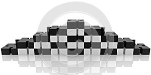 Black and white puzzle pieces stacked on either side of a pyramid
