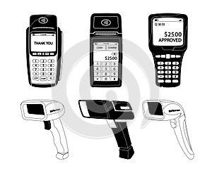 Black And White Qr Code Scanners And Pos Terminal Icons Set. Essential Tools For Simplify Transactions, Vector Set