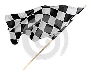 Black white race chequered or checkered flag with wooden stick isolated background. motorsport racing symbol concept